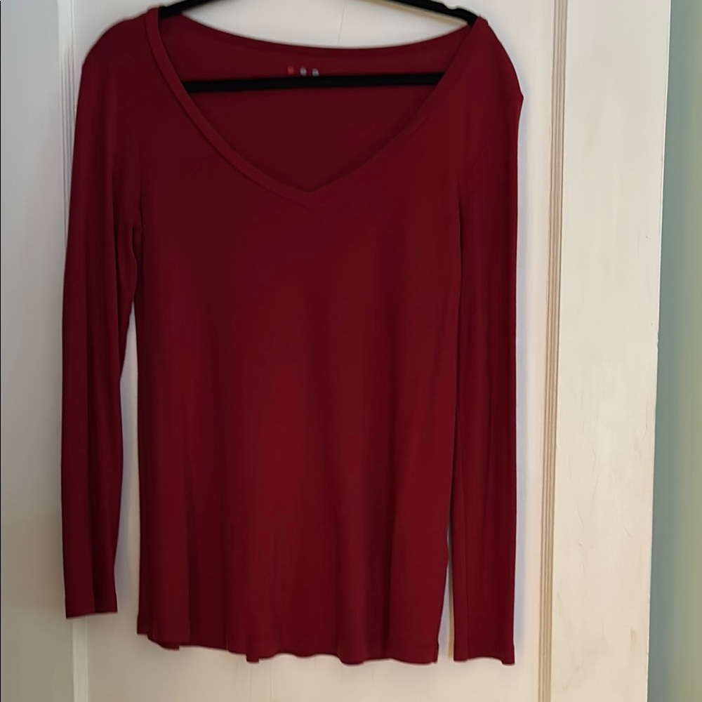 Three Dots Red Long Sleeve Fitted Blouse